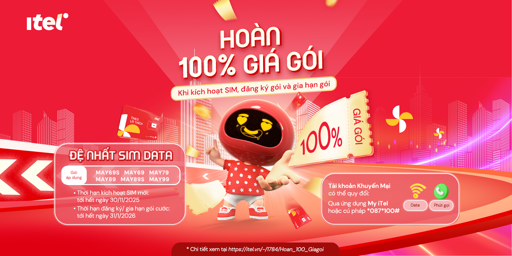 iTel Tặng Ngay 100% Giá Trị Khi Đăng Ký Hoặc Gia Hạn Gói Cước Data