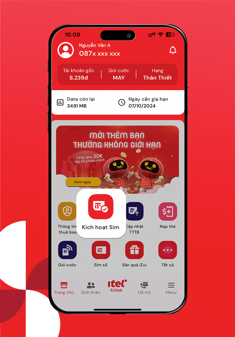 Bước 2: Mở App My iTel chọn “Kích hoạt SIM” 