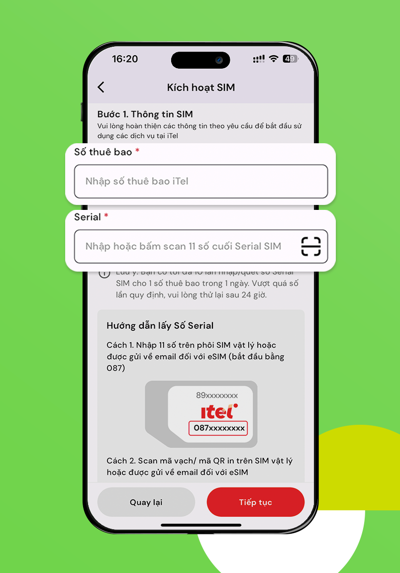 Bước 4: Hoàn thiện thông tin SIM, bao gồm:  