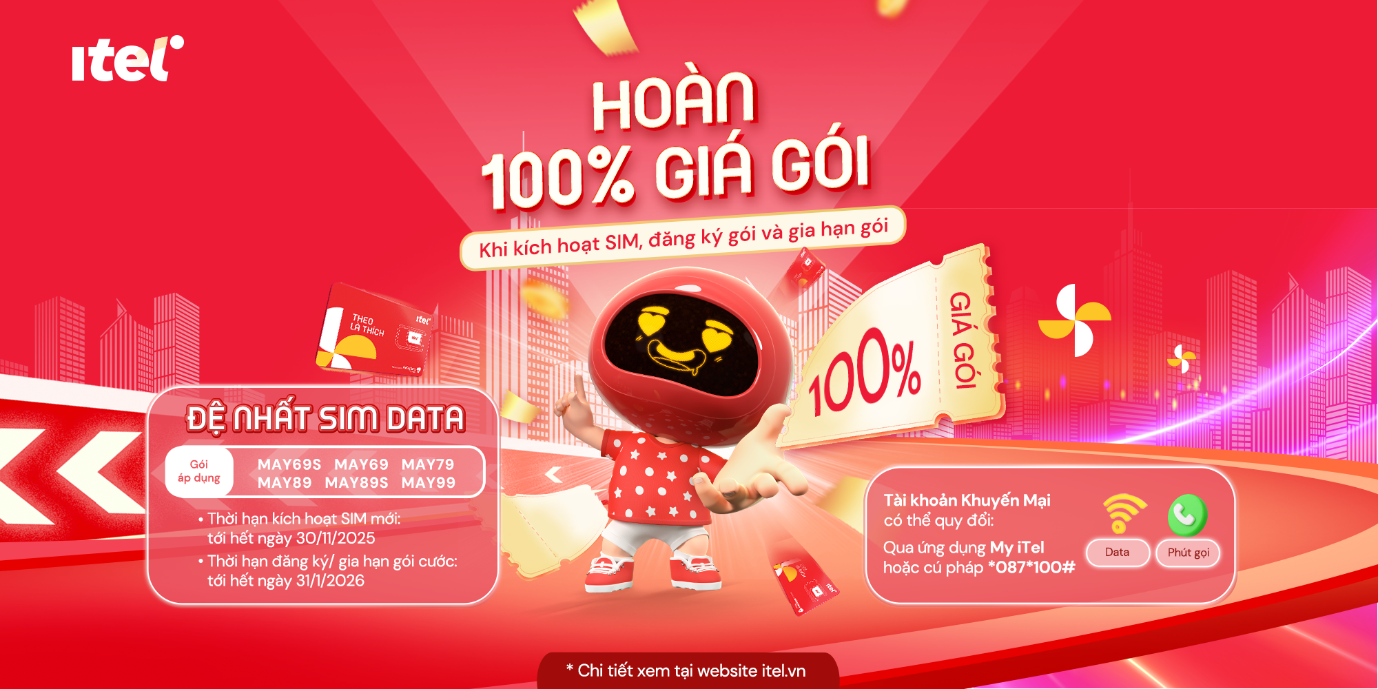 iTel Tặng Ngay 100% Giá Trị Khi Đăng Ký Hoặc Gia Hạn Gói Cước Data